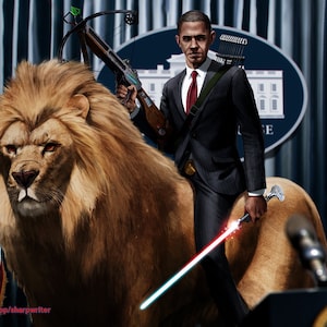 May include: A man in a suit riding a lion, holding a lightsaber and a crossbow. The man is standing in front of an American flag and the Presidential Seal. The text "HEUSER 2012" is at the bottom of the image.