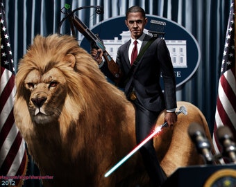 Poster - Obama Riding a Lion (With a Lightsaber and Crossbow) - Epic American President Art by Jason Heuser (Sharpwriter)