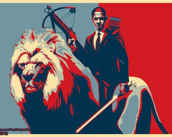 Poster - Obama Riding a Lion (with a Lightsaber and Crossbow) (Red, White, and Blue Ver.) - Epic American President Art by Jason Heuser