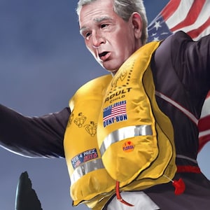 Witty 'Dubya' artwork - George W. Bush with dual pistols on a flying shark - Jason Heuser print