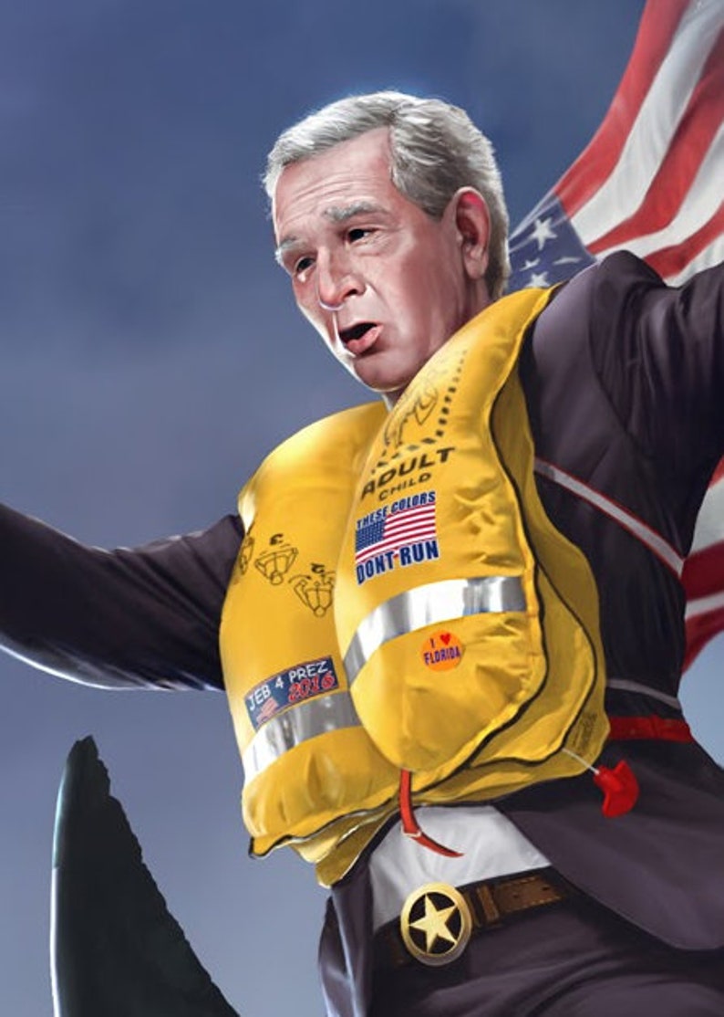 Witty 'Dubya' artwork - George W. Bush with dual pistols on a flying shark - Jason Heuser print