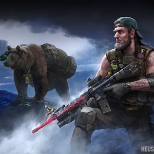 May include: A man with a beard and a baseball cap holds a rifle and looks to the side. A brown bear with a backpack and a green night vision scope is standing on a rock in the background.