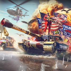 May include: A digital illustration of a military tank with a man in a red suit standing on top of it. The tank is driving through a beach scene with explosions and smoke in the background. The tank has the words "TRUMP 2024" and "INDICT THIS" written on it. The man is holding a rifle and is wearing a red hat with the words "TRUMP" on it.