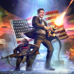 May include: A digital illustration of a man in a suit holding a large machine gun, standing in front of an American flag. A chimpanzee wearing a red bow tie is holding a rifle. The background shows a burning car and flying saucers.