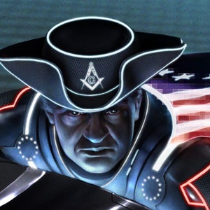 Detailed Cyberpunk Artwork of Paul Revere Riding in Tron