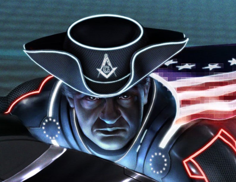 Detailed Cyberpunk Artwork of Paul Revere Riding in Tron