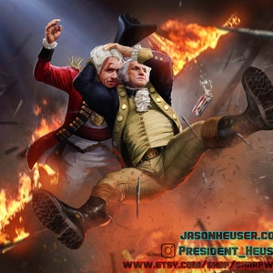 May include: A digital painting of two men in a fight. One man is wearing a red and gold uniform and the other is wearing a yellow and white uniform. The man in the red uniform is holding the other man by the neck. The background is a fiery explosion.
