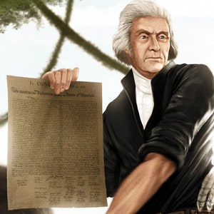 Funny Thomas Jefferson vs. gorilla poster with the Constitution in hand