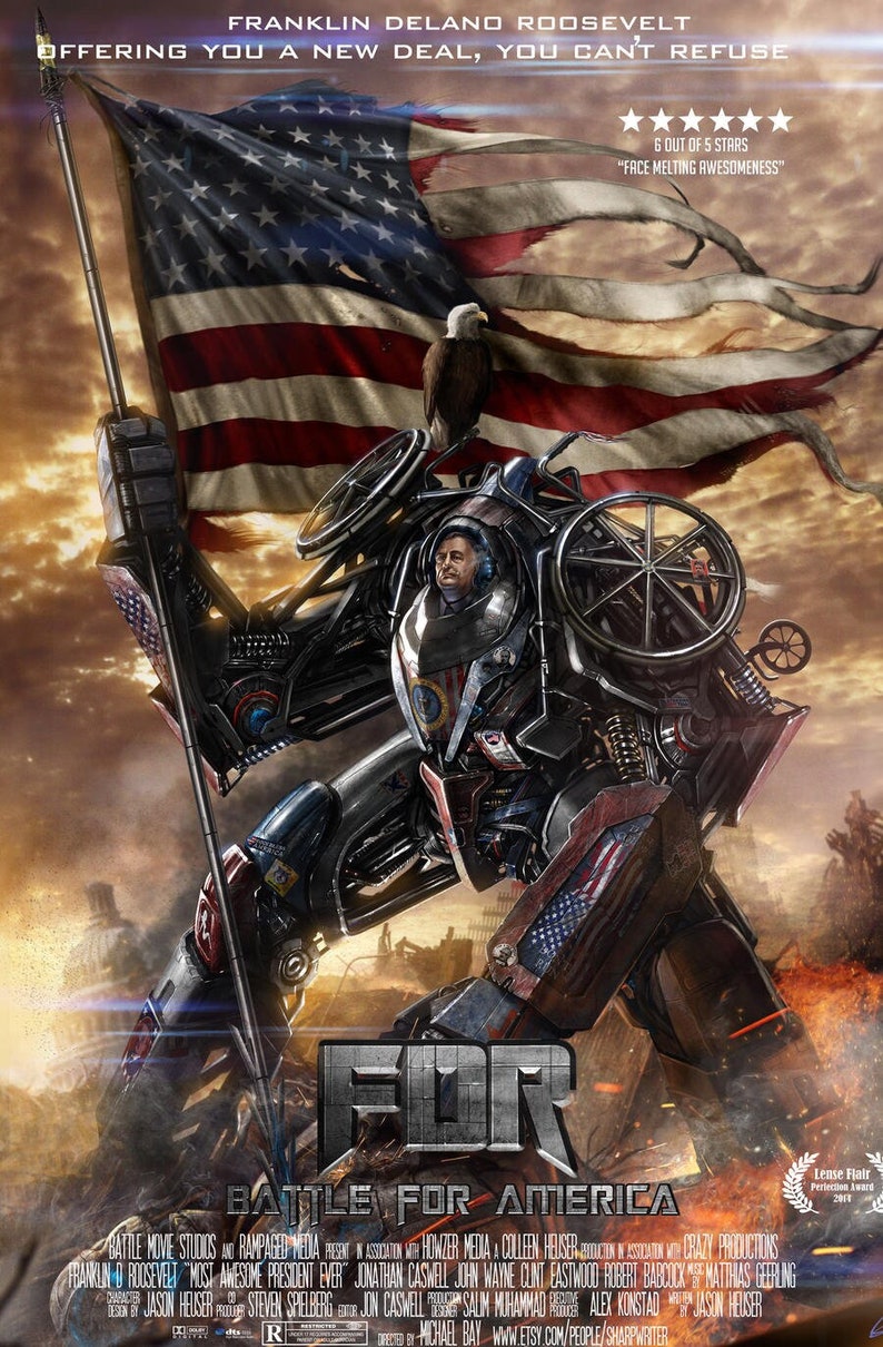 FDR in Transformers-inspired mechsuit, holding American flag, movie poster artwork