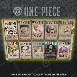 May include: A set of "Wanted" posters from the anime "One Piece." Each poster shows a character's image, name, and bounty. The posters are displayed on a patterned background, with the series title at the top. The text "Dead or Alive" is also visible.