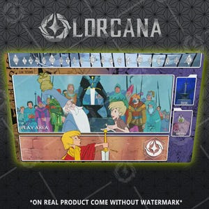 May include: A Lorcana game board featuring a cartoon scene with characters and the text "Lorcana." The board has a play area, deck, and discard sections. The image includes the text "*ON REAL PRODUCT COME WITHOUT WATERMARK*."