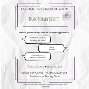 May include: A white and purple graphic with the text "BASIC NOTARY SCRIPT." The image includes speech bubbles with notary appointment phrases and the text "Editable in Canva | Instant Download | Professional Notary Tools."