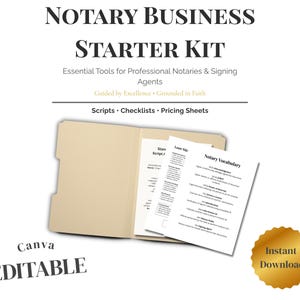 May include: A notary business starter kit with the text "NOTARY BUSINESS STARTER KIT" and "Essential Tools for Professional Notaries & Signing Agents". The kit includes a tan file folder with printed documents and a gold "Instant Download" seal.