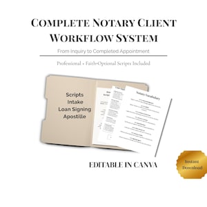 Pode incluir: Uma pasta bege com documentos com os títulos "Scripts, Intake, Loan Signing, Apostille" e "Notary Vocabulary". O texto "COMPLETE NOTARY CLIENT WORKFLOW SYSTEM" está no topo. A imagem inclui o texto "EDITABLE IN CANVA" e "Instant Download."