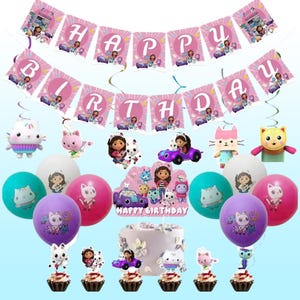 May include: A birthday party decoration set featuring a pink banner that spells out "HAPPY BIRTHDAY". The set includes balloons, cupcake toppers, and a cake with character decorations. The color scheme is pink, purple, teal, and white.