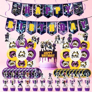 May include: A party decoration set featuring Murder Drones characters, including a Happy Birthday banner, balloons with character prints, a cake topper with the text Happy Birthday, and cupcake toppers with various character illustrations.