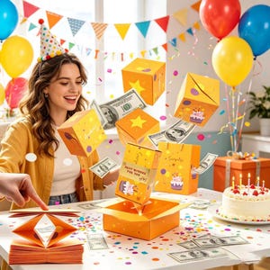 May include: A birthday celebration featuring a woman in a party hat, orange gift boxes, banknotes, balloons, and a cake. The boxes are decorated with stars and cakes, and the text reads "Best Wishes For You".