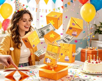 Caja de regalo de cumpleaños explosiva DIY, caja de regalo con dinero desplegable, regalo de cumpleaños sorpresa para ella/él, recuerdo de fiesta hecho a mano, caja de regalo de cumpleaños única con dinero en efectivo