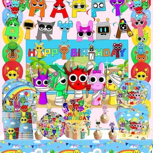 May include: A colorful birthday party set featuring cartoon characters and the words "HAPPY BIRTHDAY." The set includes plates, cups, napkins, a cake, and cupcake toppers. The decorations have a blue and pink color scheme.