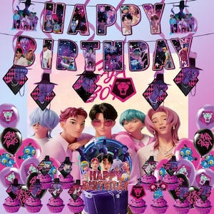 May include: A festive birthday party scene with a banner that reads "HAPPY BIRTHDAY". The decorations include balloons, cupcakes, and a cake, all featuring a purple and pink color scheme. The image has a cartoonish style.