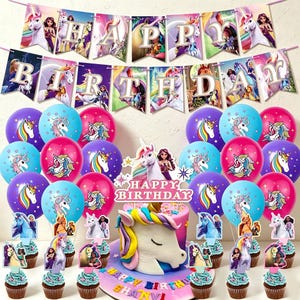 May include: A birthday party decoration set featuring a banner with the text HAPPY BIRTHDAY, assorted balloons with unicorn illustrations, a cake topper with the text HAPPY BIRTHDAY, and several cupcake toppers with unicorn and character designs.