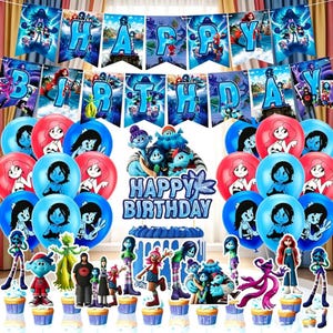 May include: A birthday party decoration set featuring a banner that spells "HAPPY BIRTHDAY" in blue letters. The set includes balloons in red and blue, a cake with a blue frosting, and character cake toppers. The theme is a cartoon.