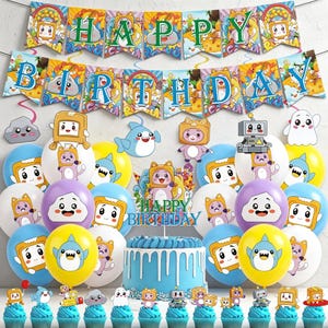 May include: A birthday party decoration set featuring colourful pennant banners spelling HAPPY BIRTHDAY, assorted balloons in yellow, blue, white, and purple with cartoon character prints, and a blue frosted cake with a HAPPY BIRTHDAY topper.