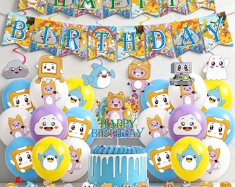 May include: A birthday party decoration set featuring colorful pennant banners spelling HAPPY BIRTHDAY, assorted balloons in yellow, blue, white, and purple with cartoon character prints, and a blue frosted cake with a HAPPY BIRTHDAY topper.