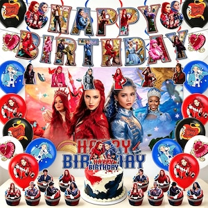 May include: A Descendants: The Rise of Red themed party decoration set featuring a cake topper, balloons, and banners. The items display character imagery, the text Happy Birthday, and red, blue, and black color schemes with heart and apple motifs.