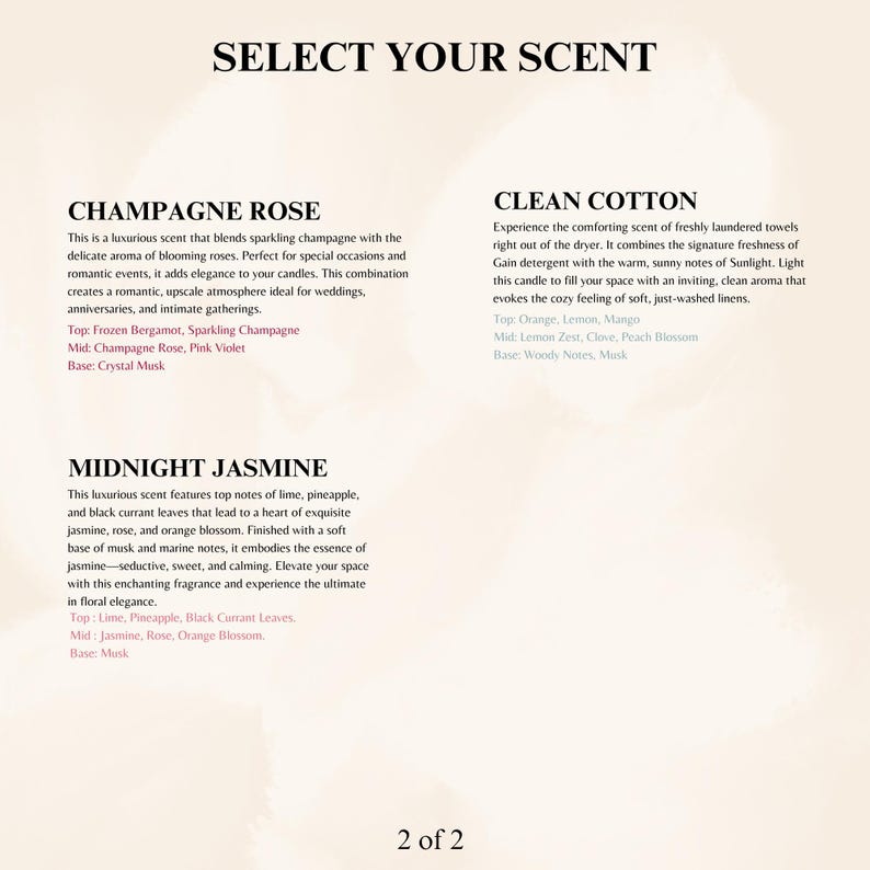 Pu&ograve; includere: Una pagina di descrizione del prodotto con il titolo "SELECT YOUR SCENT". La pagina elenca tre opzioni di fragranza: Champagne Rose, Clean Cotton e Midnight Jasmine. Ogni descrizione della fragranza include note di testa, cuore e fondo.
