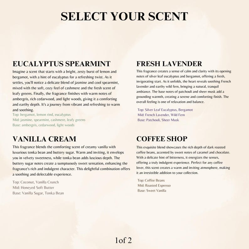 Pu&ograve; includere: Una pagina di descrizione del prodotto con il titolo "SELECT YOUR SCENT" e quattro descrizioni di fragranze: Eucalipto Spearmint, Fresh Lavender, Vanilla Cream e Coffee Shop. Ogni descrizione elenca le note di testa, di cuore e di fondo.