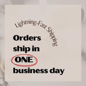 Pu&ograve; includere: Una scheda quadrata bianca con il testo "Lightning-Fast Shipping" in un carattere curvo. Le parole "Orders ship in ONE business day" sono in grassetto, in nero, con "ONE" cerchiato in rosso.