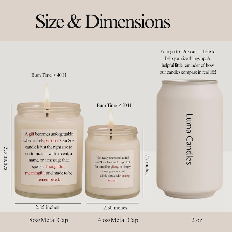 Pu&ograve; includere: Immagine che mostra tre candele accese di diverse dimensioni. La pi&ugrave; grande &egrave; alta 8,9 cm, la media 6,9 cm e la pi&ugrave; piccola 5,8 cm. Il testo sull'immagine recita "Luma Candles" e "Size & Dimensions."