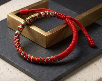 Handwoven Vajra Knot Bracelet, Five-Color Buddhist Protection Rope, Adjustable Red String (Men Women)