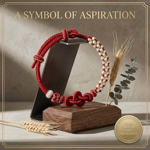May include: A red and white braided necklace with a knot design, displayed on a wooden block. The image includes the text "A Symbol of Aspiration" and a gold medallion that says "Good Fortune and Prosperity".