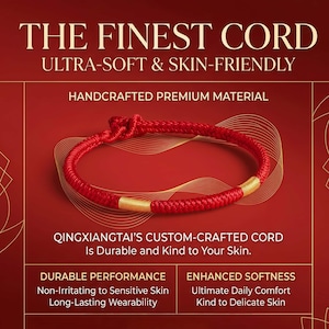 May include: A red cord bracelet with gold accents is displayed on a red background. The text on the image reads "THE FINEST CORD" and "ULTRA-SOFT & SKIN-FRIENDLY". Additional text describes the cord as handcrafted, durable, and kind to the skin.