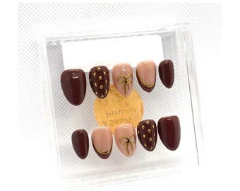 Cocoa Charms Press on Nails- Brown & Gold Nail Art- Handmade Nails