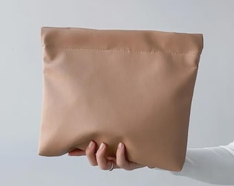 Beige Vegan Leather Makeup Pouch - Minimalist Magnetic Travel Organizer