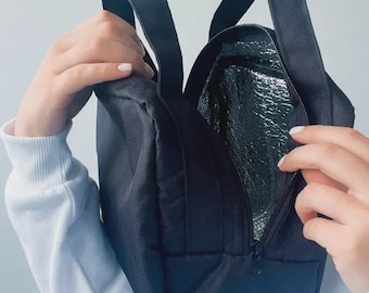 Black Insulated Lunch Bag with Drawstring Closure – Horizontal Thermal Tote for Work and Travel