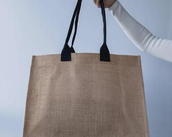 Handmade Jute Tote Bag – Large Eco-Friendly Shopper with Black Handles