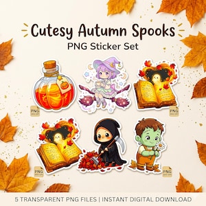 Puede incluir: Un conjunto de seis pegatinas PNG con temática de Halloween. Las pegatinas incluyen una botella de poción, una bruja en una escoba, un fantasma saliendo de un libro, una parca y un zombi. El texto "Cutesy Autumn Spooks" y "PNG Sticker Set" están presentes.