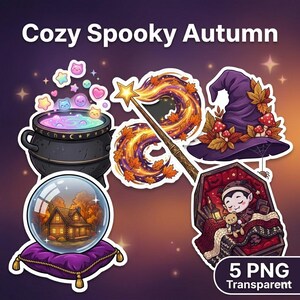Op de afbeelding: Een verzameling transparante PNG-stickers met een gezellig, griezelig herfstthema. Bevat een ketel, een kristallen bol met een huis erin, een heksenhoed, een toverstaf en een vampier in een kist. De tekst "Cozy Spooky Autumn" staat bovenaan.