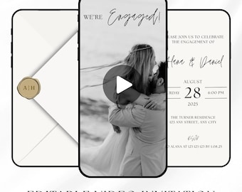 Invitación digital minimalista moderna y editable de Canva para fiesta de compromiso (descarga instantánea)