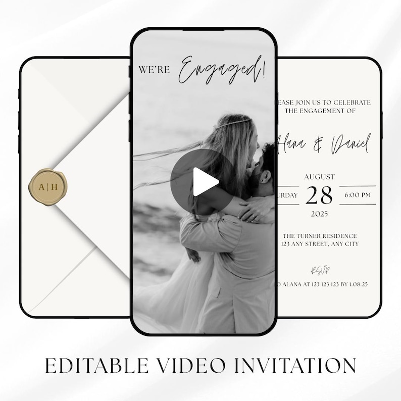 May include: A digital engagement invitation displayed on three smartphone screens. The central screen shows a black and white photo of a couple embracing, with the text "WE'RE Engaged!". The invitation includes event details and a gold wax seal.