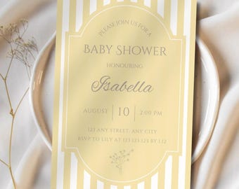 Zaproszenie na baby shower w żółte paski, edytowalne, minimalistyczne, z ujawnieniem płci dziecka (do pobrania w wersji cyfrowej)