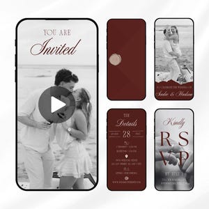 May include: A collection of digital wedding invitation designs displayed on smartphones. The invitations feature a black and white photo of a couple kissing, along with text that reads "You Are Invited," "The Details," and "Kindly RSVP."