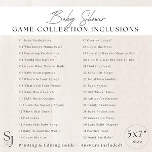 Op de afbeelding: Een cr&egrave;me baby shower spelcollectie met een handgeschreven lettertype. De tekst bevat speltitels zoals "Baby Predictions" en "Baby Gift Bingo". De grootte is 12,7 x 17,8 cm. Print- en bewerkingsgids en antwoorden inbegrepen.