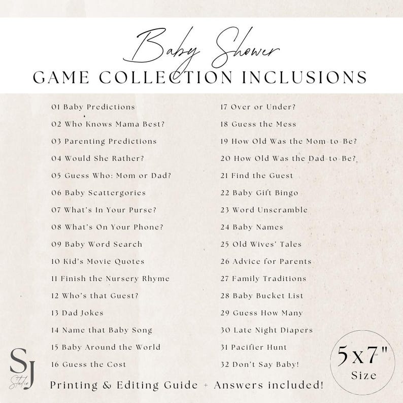 Op de afbeelding: Een cr&egrave;me baby shower spelcollectie met een handgeschreven lettertype. De tekst bevat speltitels zoals "Baby Predictions" en "Baby Gift Bingo". De grootte is 12,7 x 17,8 cm. Print- en bewerkingsgids en antwoorden inbegrepen.