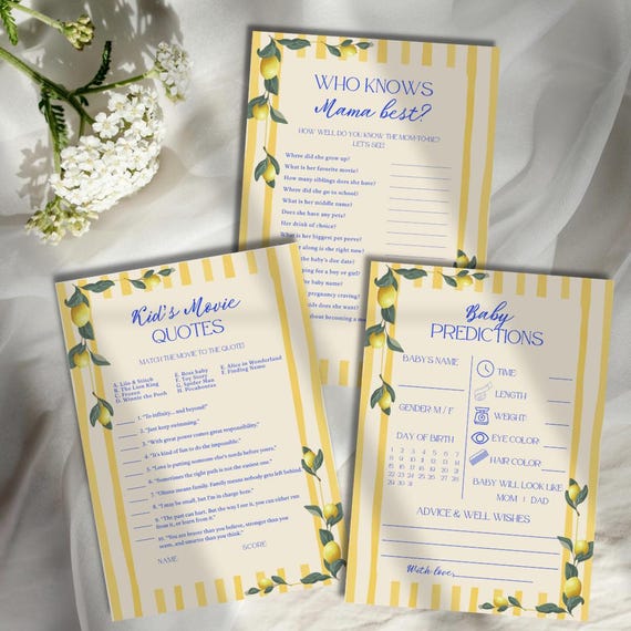 Baby Shower Game Bundle Yellow Lemon Amalfi Editable Printable Template