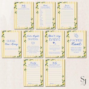 Op de afbeelding: Een verzameling babyshower-spelkaarten met een citroenthema. Elke kaart heeft een geel en wit gestreepte achtergrond, decoratieve citroen- en bladranden en verschillende speltitels zoals "Baby Names" en "Pacifier Hunt".